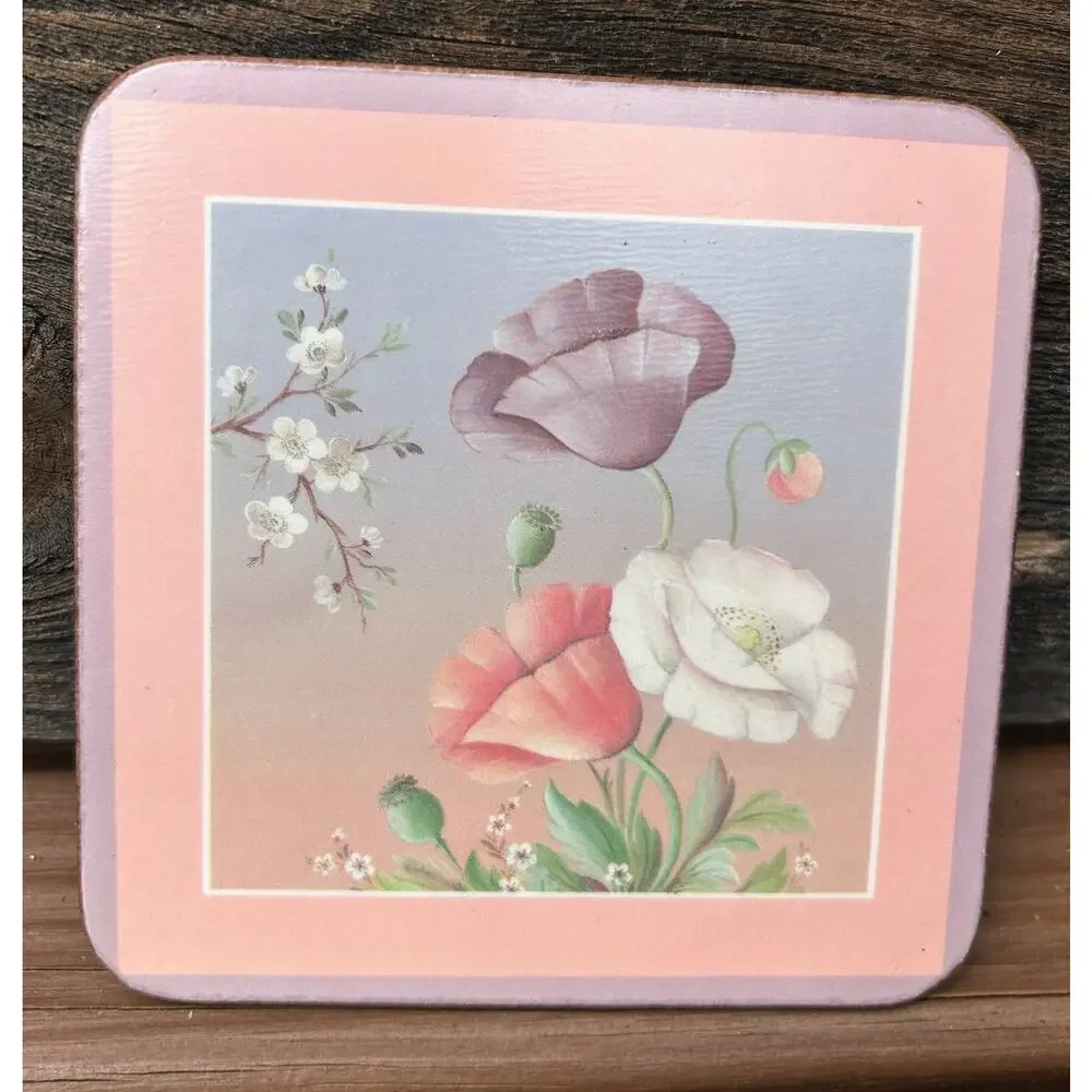 Vintage Pimpernel Poppy Floral Cork Backed Coasters Set of 4 England 4x4 Barware